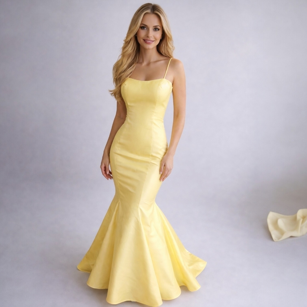 Morilee Yellow Maxi Formal Dress Size 6 Iridescent Taffeta Tulle Mermaid Train